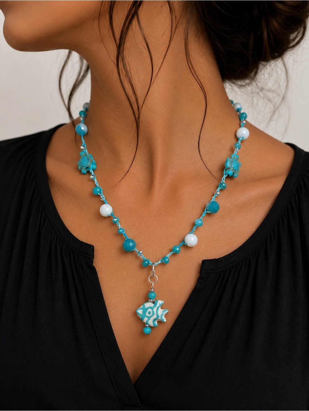 Sea Turtle & Tropical Fish Crochet Necklace
